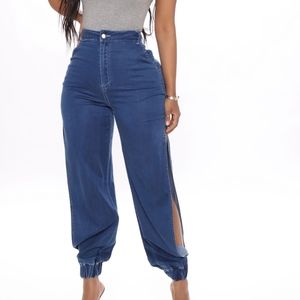 NWT FASHION NOVA Denim Soft Blue Split Go To High Rise Jogger Pants Size XS